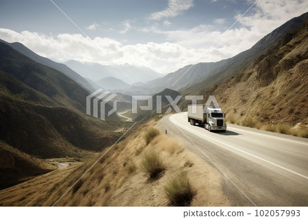 A scenic view of a truck driving through mountains: The image show a transport truck driving through a winding road in the mountains. Generative AI 102057993