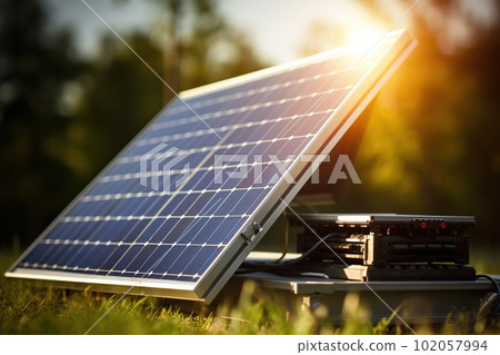 A detailed, close-up shot of essential solar energy components, such as photovoltaic cells, inverters, mounting systems, emphasizing the importance harnessing the power of the sun. Generative AI A detailed, close-up shot of essential solar energy components, such as photovoltaic cells, inverters, mounting systems, emphasizing the importance harnessing the power of the sun. Generative AI 102057994