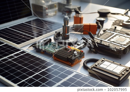 A detailed, close-up shot of essential solar energy components, such as photovoltaic cells, inverters, mounting systems, emphasizing the importance harnessing the power of the sun. Generative AI A detailed, close-up shot of essential solar energy components, such as photovoltaic cells, inverters, mounting systems, emphasizing the importance harnessing the power of the sun. Generative AI 102057995