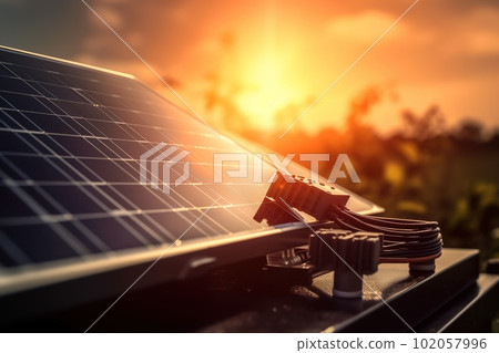 A detailed, close-up shot of essential solar energy components, such as photovoltaic cells, inverters, mounting systems, emphasizing the importance harnessing the power of the sun. Generative AI A detailed, close-up shot of essential solar energy components, such as photovoltaic cells, inverters, mounting systems, emphasizing the importance harnessing the power of the sun. Generative AI 102057996