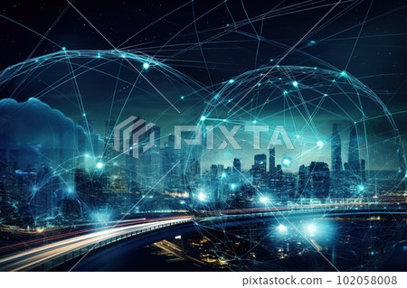 A creative, conceptual image representing automotive global communication, such as a network of connected vehicles, a futuristic cityscape with intelligent transportation systems. Generative AI. 102058008