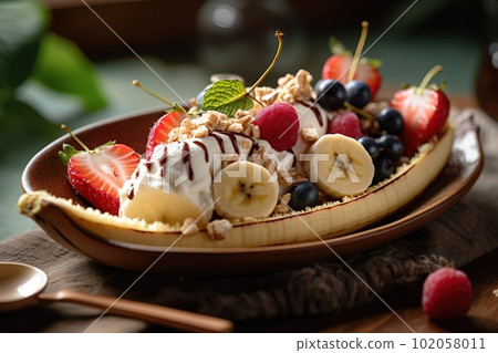 A tempting, close-up shot of a vegan featuring dairy-free ice cream, fresh fruit, and natural sweeteners. Highlights the dessert wholesome appeal. Generative AI 102058011