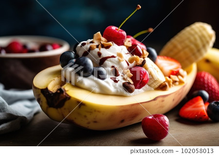 A tempting, close-up shot of a vegan featuring dairy-free ice cream, fresh fruit, and natural sweeteners. Highlights the dessert wholesome appeal. Generative AI 102058013