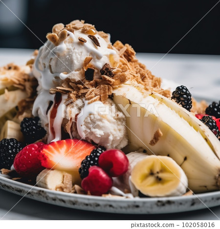 A tempting, close-up shot of a vegan featuring dairy-free ice cream, fresh fruit, and natural sweeteners. Highlights the dessert wholesome appeal. Generative AI A tempting, close-up shot of a vegan featuring dairy-free ice cream, fresh fruit, and natural sweeteners. Highlights the dessert wholesome appeal. Generative AI 102058016