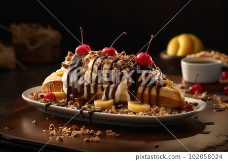 Capturing the moment when toppings, such as hot fudge, caramel sauce, are added to a banana split, emphasizing the dessert's indulgent and irresistible nature. Generative AI Capturing the moment when toppings, such as hot fudge, caramel sauce, are added to a banana split, emphasizing the dessert's indulgent and irresistible nature. Generative AI 102058024
