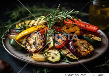 A plate of grilled vegetables with a sprig of rosemary on top. The vegetables should be arranged in an artful way and should be drizzled with olive oil. Generative AI A plate of grilled vegetables with a sprig of rosemary on top. The vegetables should be arranged in an artful way and should be drizzled with olive oil. Generative AI 102058030