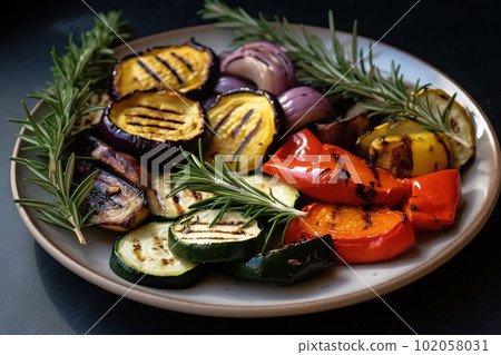A plate of grilled vegetables with a sprig of rosemary on top. The vegetables should be arranged in an artful way and should be drizzled with olive oil. Generative AI A plate of grilled vegetables with a sprig of rosemary on top. The vegetables should be arranged in an artful way and should be drizzled with olive oil. Generative AI 102058031