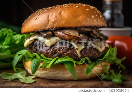 A close-up of a grilled portobello mushroom burger. The mushroom should be juicy and meaty, with melted cheese and a toasted bun. Generative AI 102058034