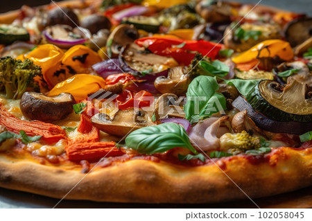 A close-up of a grilled vegetable pizza. The pizza have a crispy crust and be topped with fresh vegetables like tomatoes, onions, and mushrooms. Generative AI 102058045