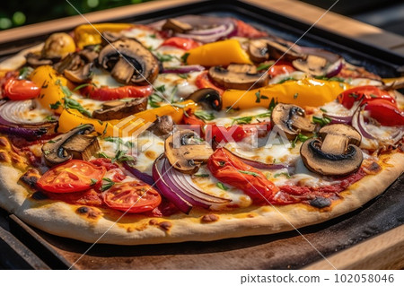 A close-up of a grilled vegetable pizza. The pizza have a crispy crust and be topped with fresh vegetables like tomatoes, onions, and mushrooms. Generative AI A close-up of a grilled vegetable pizza. The pizza have a crispy crust and be topped with fresh vegetables like tomatoes, onions, and mushrooms. Generative AI 102058046