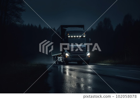 An image of a truck driving at night: The image show a transport truck driving on a dark road at night. In the dark and moody background. Generative AI An image of a truck driving at night: The image show a transport truck driving on a dark road at night. In the dark and moody background. Generative AI 102058078