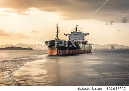 A tanker ship being loaded with oil. Tanker ship in the foreground and the drilling rig in the background. Generative AI 102058512
