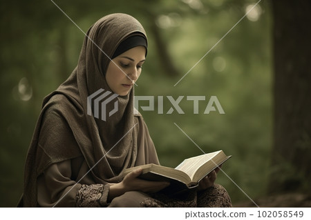 A woman reading the Quran. The focus on the woman s peaceful expression as she reads the holy book. The background be blurred to give the image a dreamlike. Generative AI 102058549