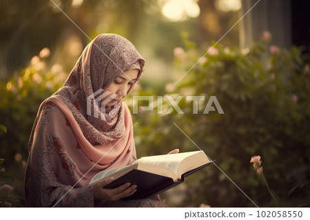 A woman reading the Quran. The focus on the woman s peaceful expression as she reads the holy book. The background be blurred to give the image a dreamlike. Generative AI 102058550