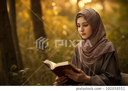 A woman reading the Quran. The focus on the woman s peaceful expression as she reads the holy book. The background be blurred to give the image a dreamlike. Generative AI A woman reading the Quran. The focus on the woman s peaceful expression as she reads the holy book. The background be blurred to give the image a dreamlike. Generative AI 102058551