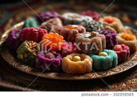 A plate of traditional Ramadan sweets. Focus on the colorful and intricate designs of the sweets. The background could be blurred to draw attention to the sweets and their deliciousness. Generative AI 102058565