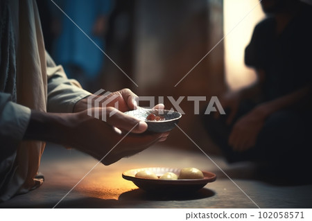 A man giving zakat charity during Ramadan. Man s generosity and giving spirit. The image show the man handing over food to those in need. Generative Ai A man giving zakat charity during Ramadan. Man s generosity and giving spirit. The image show the man handing over food to those in need. Generative Ai 102058571