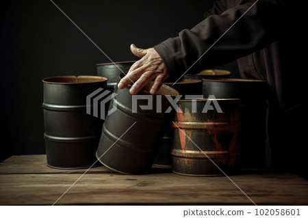 Businessman holding a group of dirty barrels of oil. Concept of raw material. Financial and Energetic world crisis concept. Recession of international markets . Generative AI. 102058601