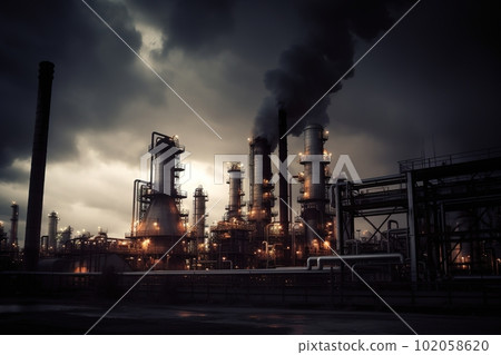 A refinery with smokestacks, with the focus on the smokestacks releasing steam and smoke into the air. Generative AI 102058620