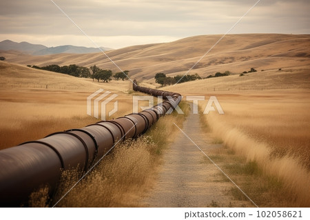 Pipeline stretching across the landscape. The focus be on the transportation of oil or gas through the pipeline. Generative AI 102058621