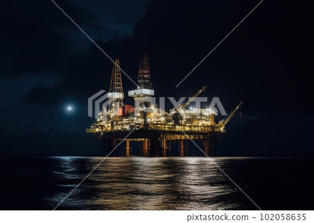 A drilling platform at night. Drilling platform lit up by artificial lights. Industrial and technological advancements that make offshore drilling possible even in the dark. Generative AI A drilling platform at night. Drilling platform lit up by artificial lights. Industrial and technological advancements that make offshore drilling possible even in the dark. Generative AI 102058635