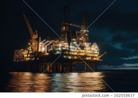 A drilling platform at night. Drilling platform lit up by artificial lights. Industrial and technological advancements that make offshore drilling possible even in the dark. Generative AI 102058637