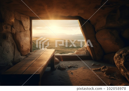 View from the stone inhabited cave on the natural landscape made with generative AI View from the stone inhabited cave on the natural landscape made with generative AI 102058978