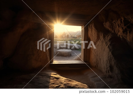 View from the stone inhabited cave on the natural landscape made with generative AI 102059015