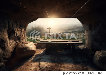Empty tomb with crucifix at dawn. Resurrection concept made with generative AI Empty tomb with crucifix at dawn. Resurrection concept made with generative AI 102059029