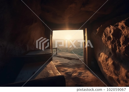 View from the stone inhabited cave on the natural landscape made with generative AI View from the stone inhabited cave on the natural landscape made with generative AI 102059067