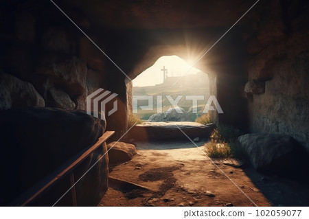 Stone cave overlooking a religious object in the form of a wooden cross at sunrise made with generative AI Stone cave overlooking a religious object in the form of a wooden cross at sunrise made with generative AI 102059077