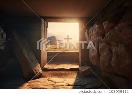 Empty tomb with crucifix at dawn. Resurrection concept made with generative AI Empty tomb with crucifix at dawn. Resurrection concept made with generative AI 102059111