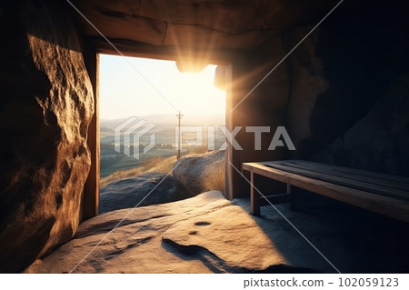 Stone cave overlooking a religious object in the form of a wooden cross at sunrise made with generative AI Stone cave overlooking a religious object in the form of a wooden cross at sunrise made with generative AI 102059123