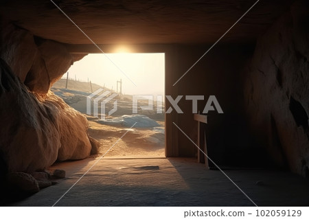 View from the stone inhabited cave on the natural landscape made with generative AI View from the stone inhabited cave on the natural landscape made with generative AI 102059129