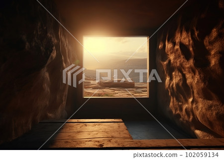 View from the stone inhabited cave on the natural landscape made with generative AI 102059134