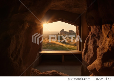 View from the stone inhabited cave on the natural landscape made with generative AI 102059138