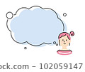 A woman with a hair bun imagining with a big speech bubble and a smile 102059147