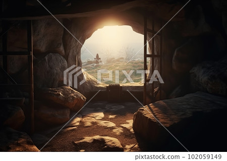 Empty tomb with crucifix at dawn. Resurrection concept made with generative AI Empty tomb with crucifix at dawn. Resurrection concept made with generative AI 102059149