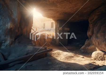 View from the stone inhabited cave on the natural landscape made with generative AI View from the stone inhabited cave on the natural landscape made with generative AI 102059154