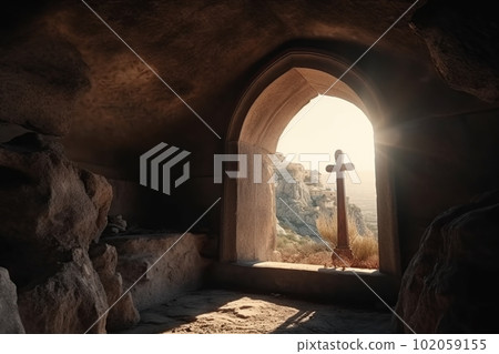 Empty tomb with crucifix at dawn. Resurrection concept made with generative AI 102059155