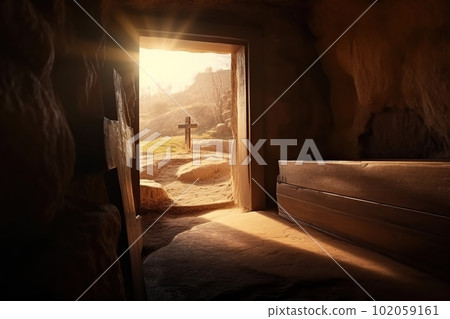 Empty tomb with crucifix at dawn. Resurrection concept made with generative AI Empty tomb with crucifix at dawn. Resurrection concept made with generative AI 102059161