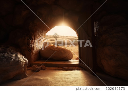 View from the stone inhabited cave on the natural landscape made with generative AI 102059173