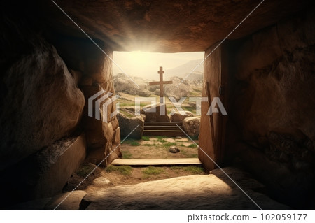 Stone cave overlooking a religious object in the form of a wooden cross at sunrise made with generative AI 102059177