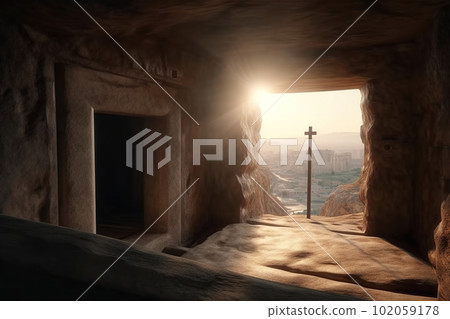 Stone cave overlooking a religious object in the form of a wooden cross at sunrise made with generative AI Stone cave overlooking a religious object in the form of a wooden cross at sunrise made with generative AI 102059178