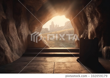 View from the stone inhabited cave on the natural landscape made with generative AI View from the stone inhabited cave on the natural landscape made with generative AI 102059179