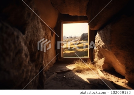 View from the stone inhabited cave on the natural landscape made with generative AI View from the stone inhabited cave on the natural landscape made with generative AI 102059183