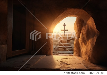 Empty tomb with crucifix at dawn. Resurrection concept made with generative AI Empty tomb with crucifix at dawn. Resurrection concept made with generative AI 102059186