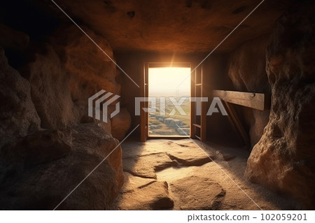 View from the stone inhabited cave on the natural landscape made with generative AI 102059201