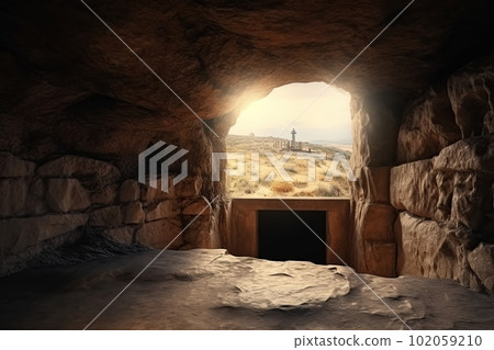 View from the stone inhabited cave with underground exit on the natural landscape made with generative AI 102059210