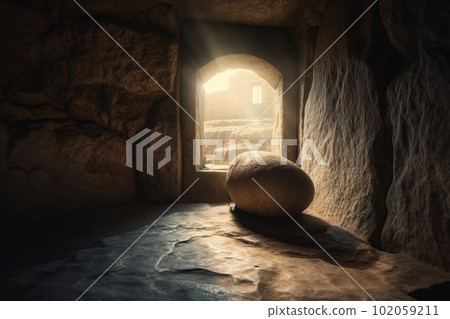 View from the stone inhabited cave with a huge round boulder on the natural landscape made with generative AI View from the stone inhabited cave with a huge round boulder on the natural landscape made with generative AI 102059211